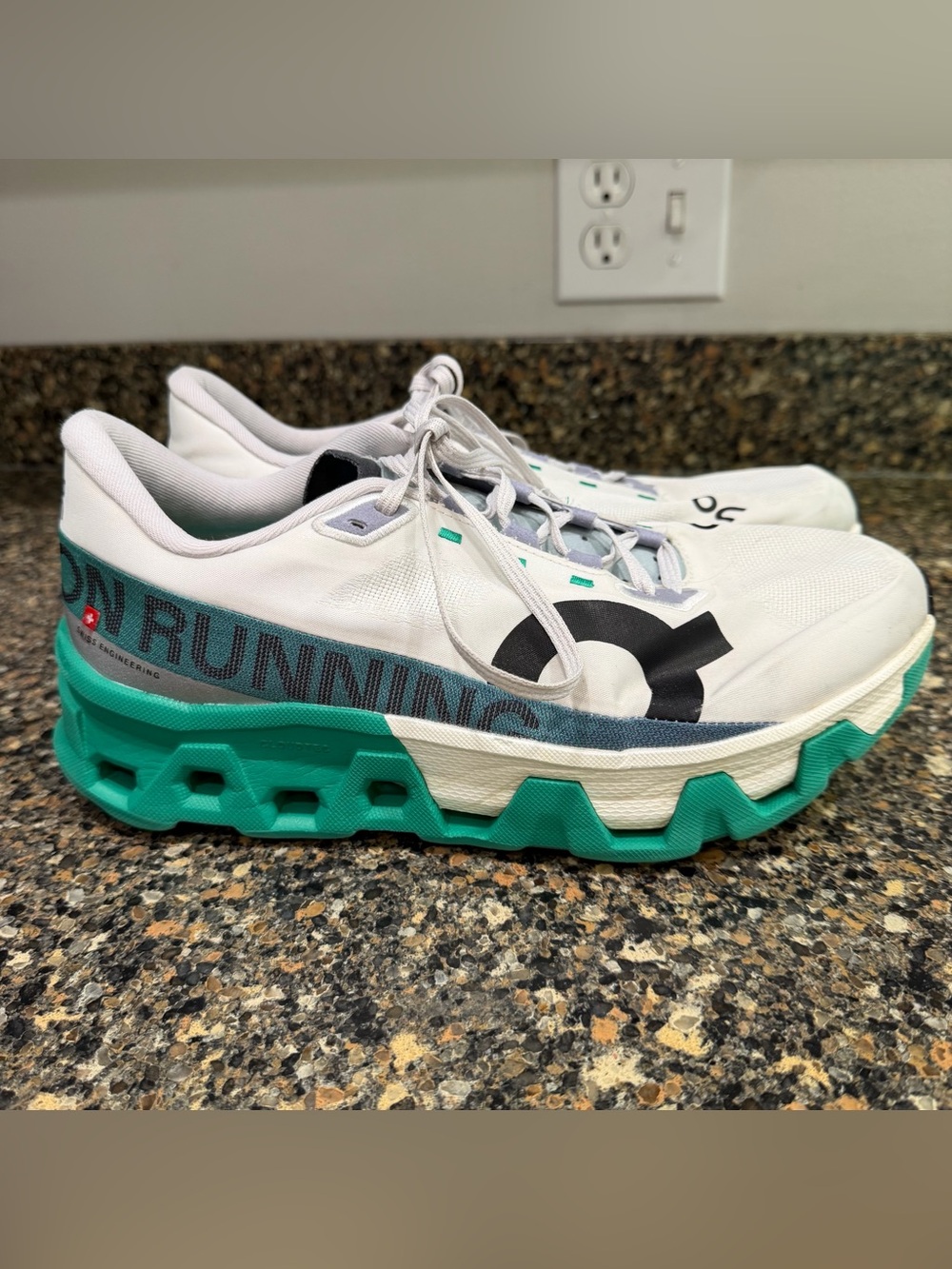 On Running Cloudmonster White Teal Running Shoes Mens 9.5